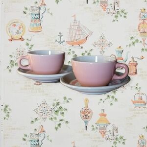 Vintage Shenango China Restaurant Ware Gray Pink Bands Set of 2 Cups & Saucers